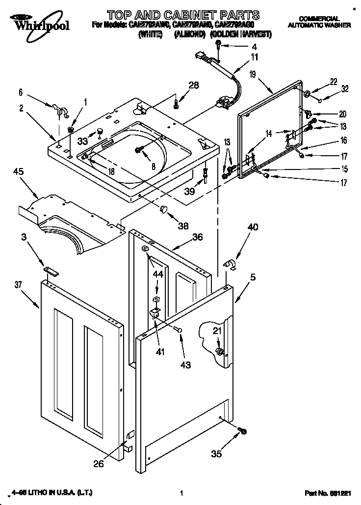 Whirlpool CAE2792AW0 top and cabinet diagram