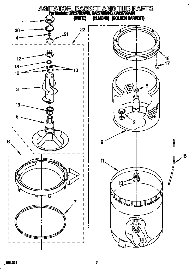 Whirlpool CAE2792AW0 agitator, basket and tub diagram