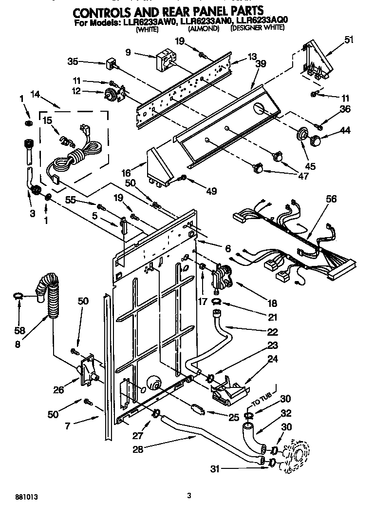 Whirlpool LLR6233AW0 controls and rear panel diagram