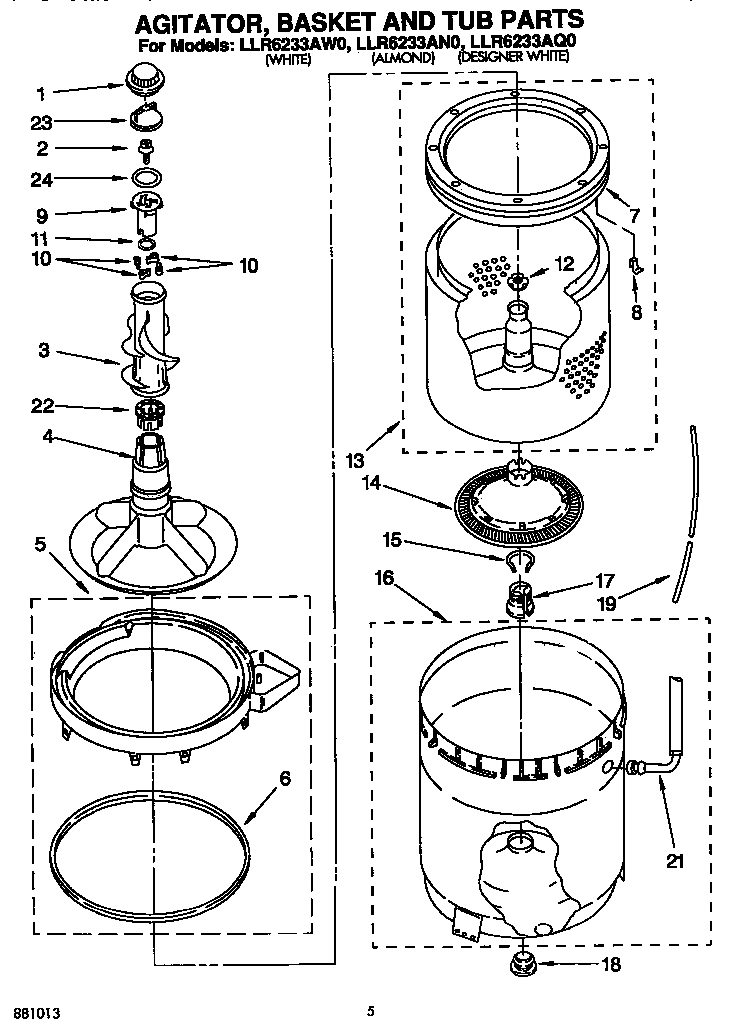 Whirlpool LLR6233AW0 agitator, basket and tub diagram