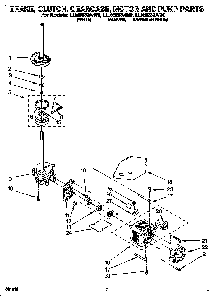 Whirlpool LLR6233AW0 brake, clutch, gearcase, motor and pump diagram