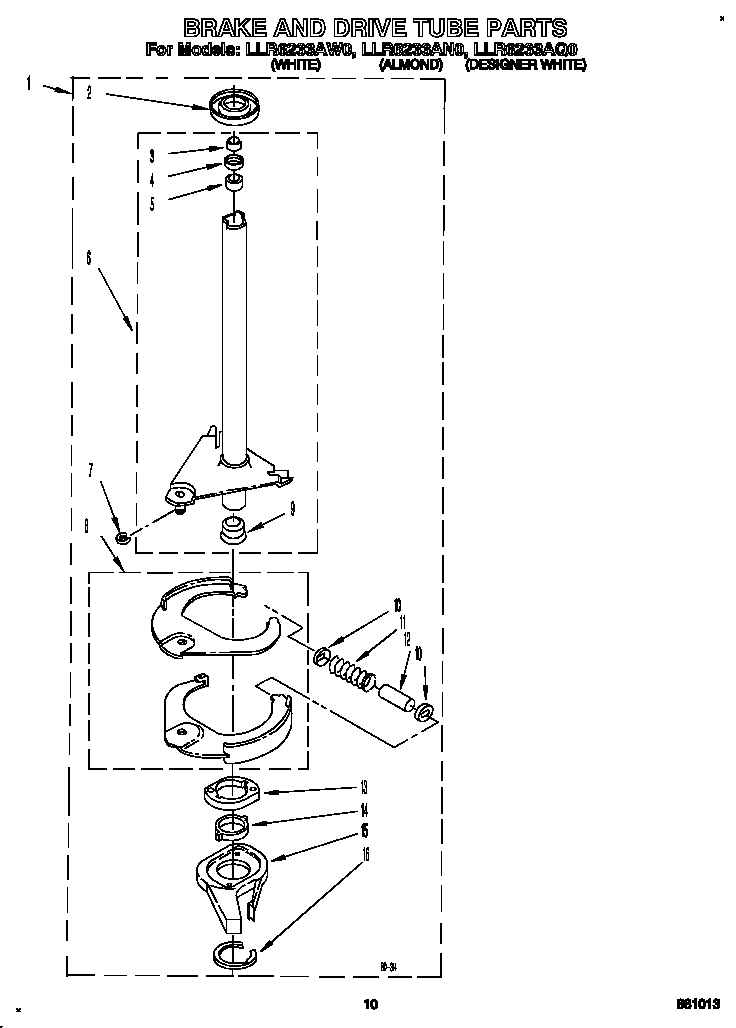 Whirlpool LLR6233AW0 brake and drive tube diagram