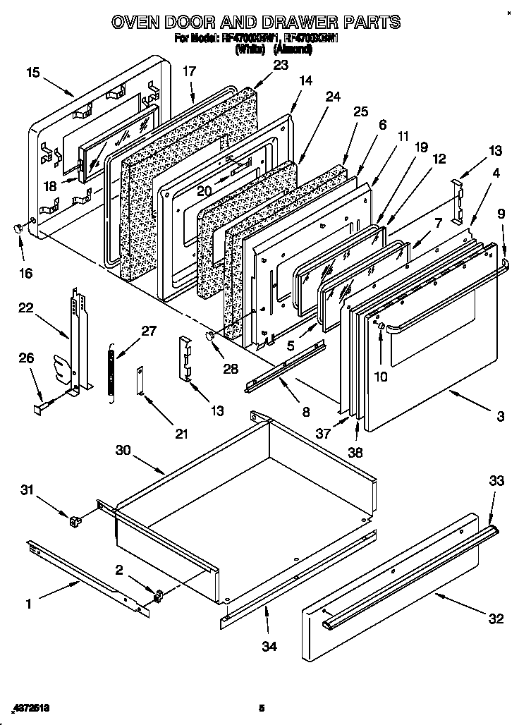 Whirlpool RF4700XBW1 oven door and drawer diagram