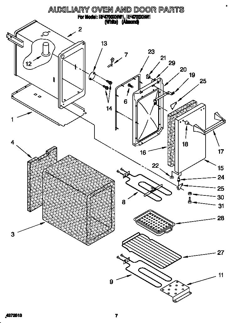 Whirlpool RF4700XBW1 auxiliary oven and door diagram