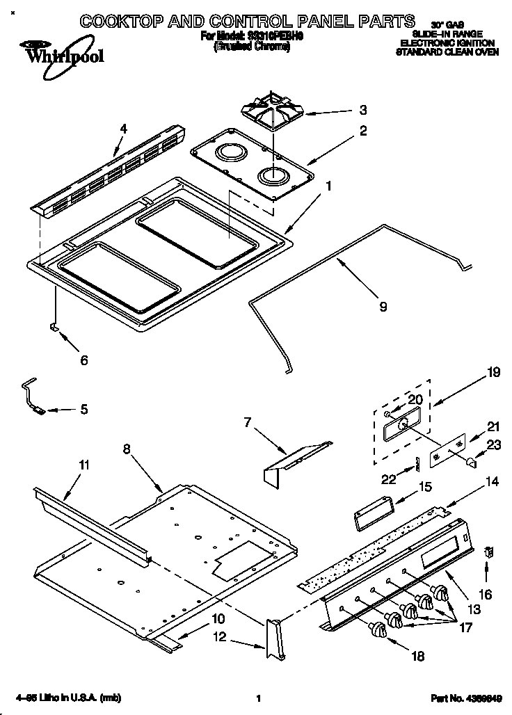 Whirlpool SS310PEBH0 cooktop and control panel diagram