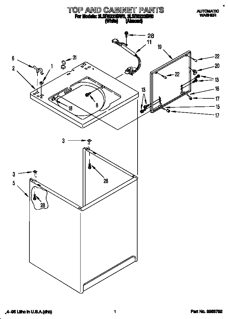 Whirlpool 3LSR5233BN0 top and cabinet diagram