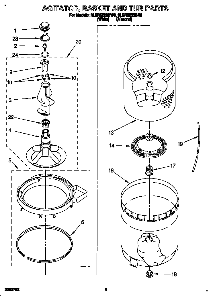 Whirlpool 3LSR5233BN0 agitator, basket and tub diagram