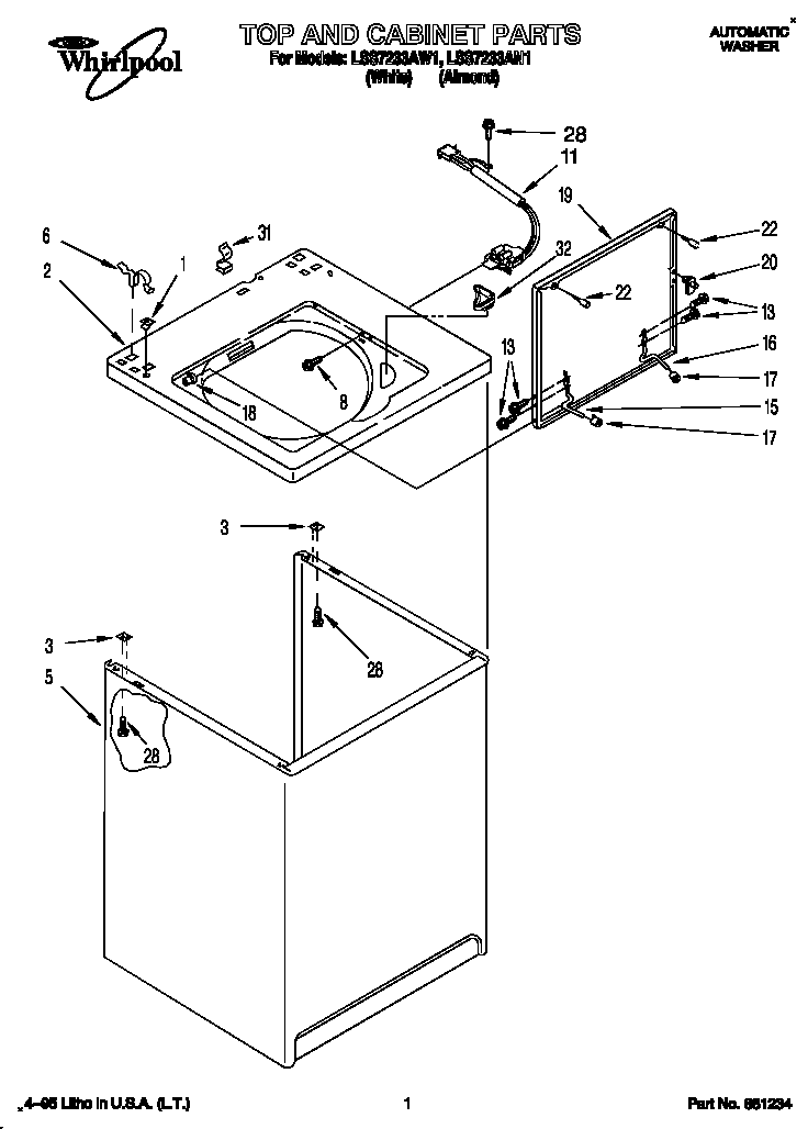 Whirlpool LSS7233AW1 top and cabinet diagram