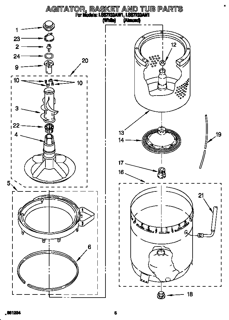 Whirlpool LSS7233AW1 agitator, basket and tub diagram