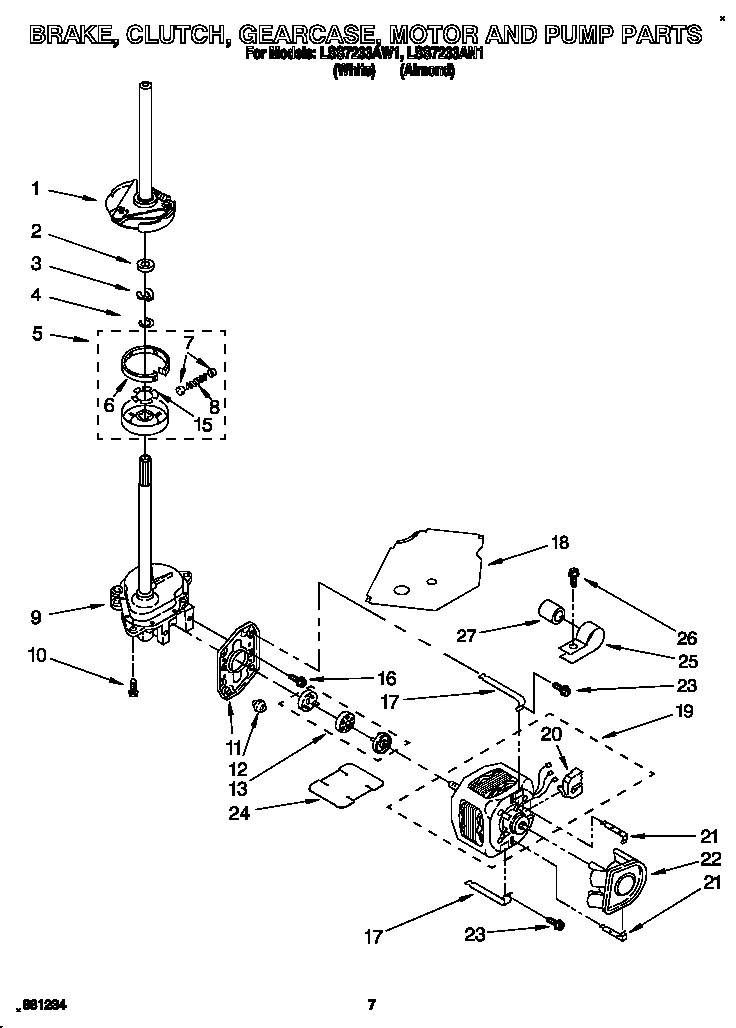 Whirlpool LSS7233AW1 brake, clutch, gearcase, motor and pump diagram