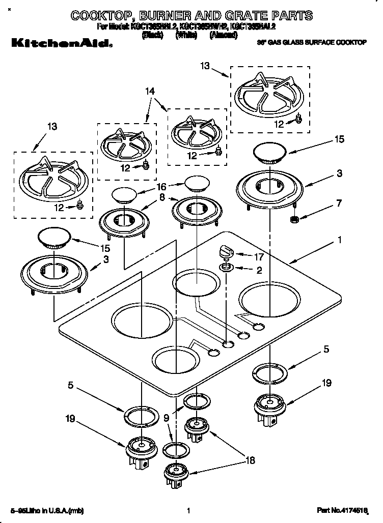 KitchenAid KGCT365BBL2 cooktop, burner and grate diagram