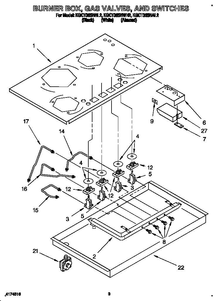 KitchenAid KGCT365BBL2 burner box, gas valves, and switches diagram