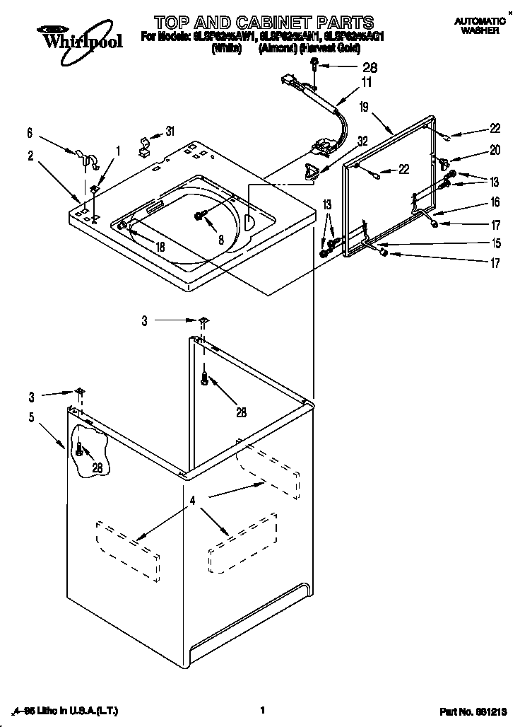 Whirlpool 8LSP8245AW1 top and cabinet diagram