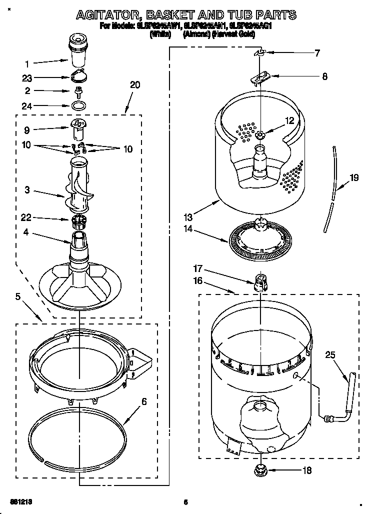 Whirlpool 8LSP8245AW1 agitator, basket and tub diagram