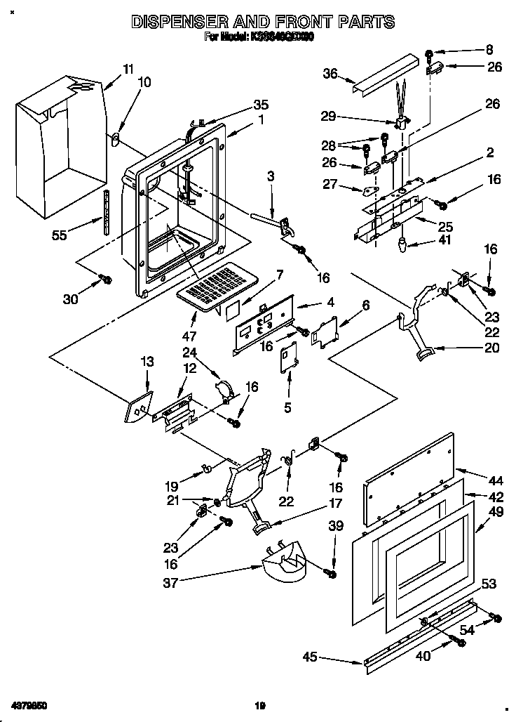KitchenAid KSSS48QDX00 dispenser and front diagram