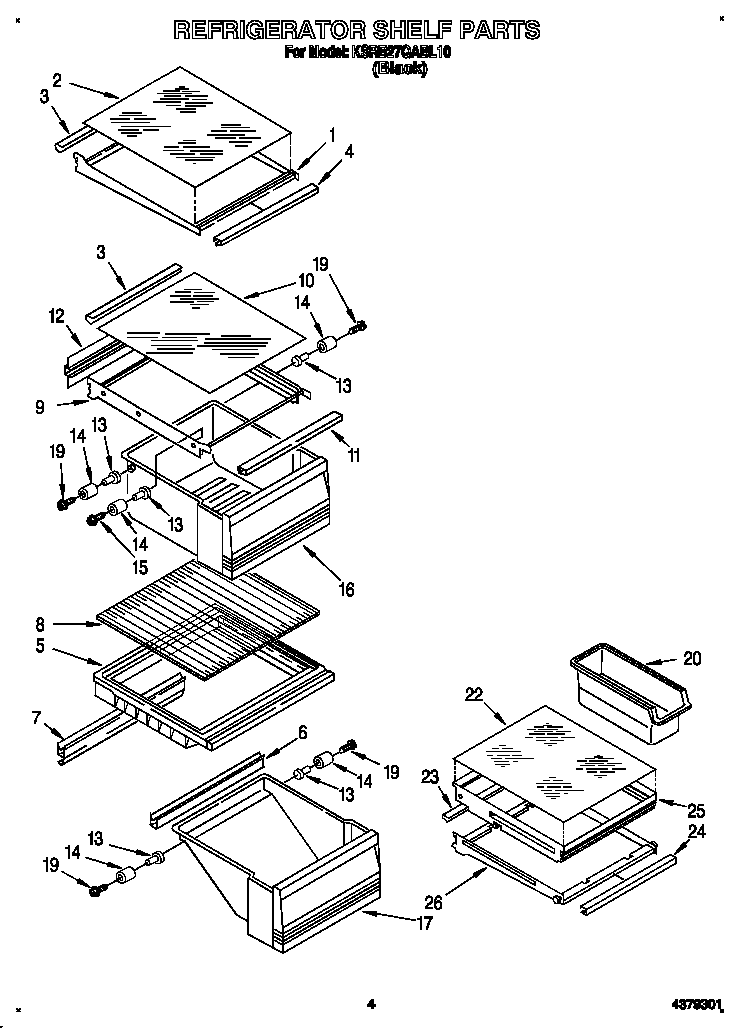 KitchenAid KSRB27QABL10 refrigerator shelf diagram