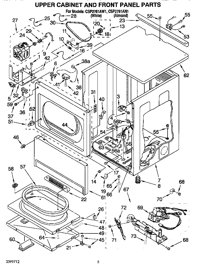 Whirlpool CSP2761AW1 upper cabinet and front panel diagram
