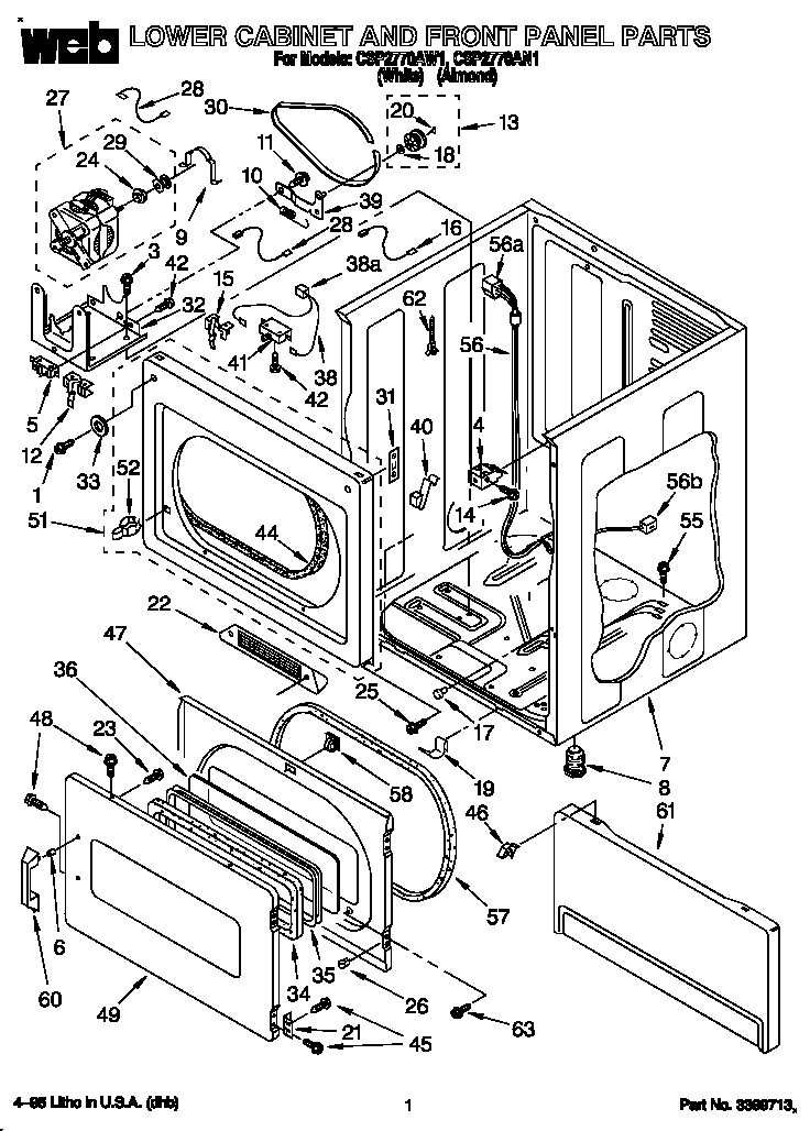 Whirlpool CSP2770AW1 lower cabinet and front panel diagram