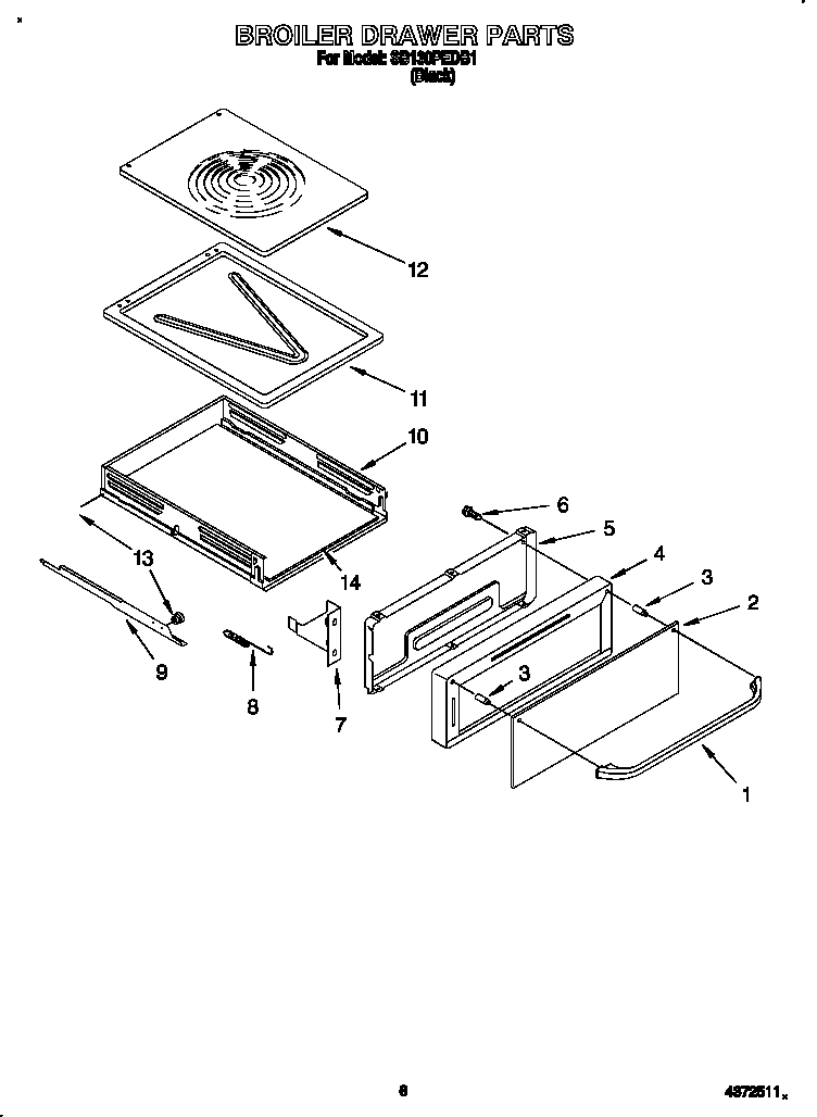 Whirlpool SB130PEDB1 broiler drawer diagram