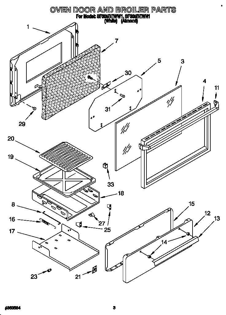 Whirlpool SF305BEWW1 oven door and broiler diagram