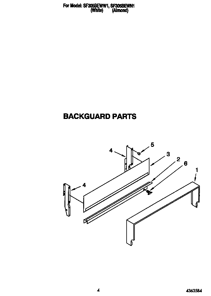 Whirlpool SF305BEWW1 backguard diagram