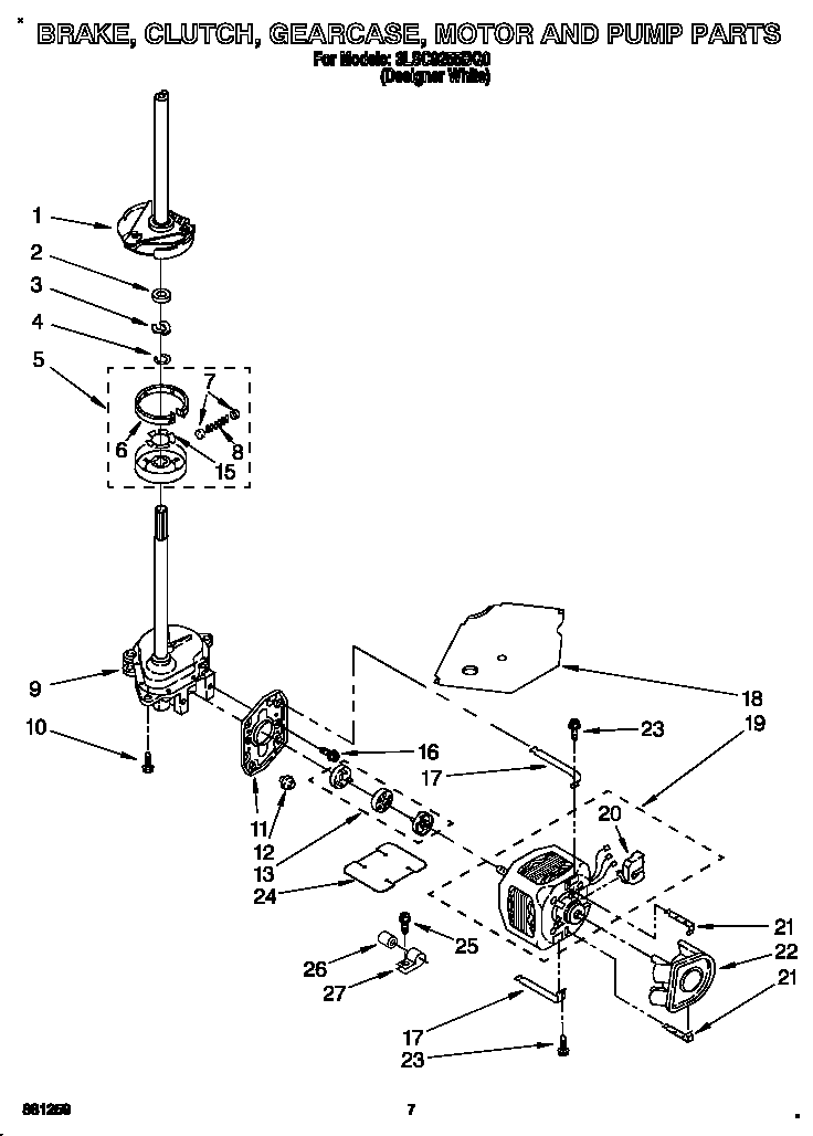 Whirlpool 3LSC9255BQ0 brake, clutch, gearcase, motor and pump diagram