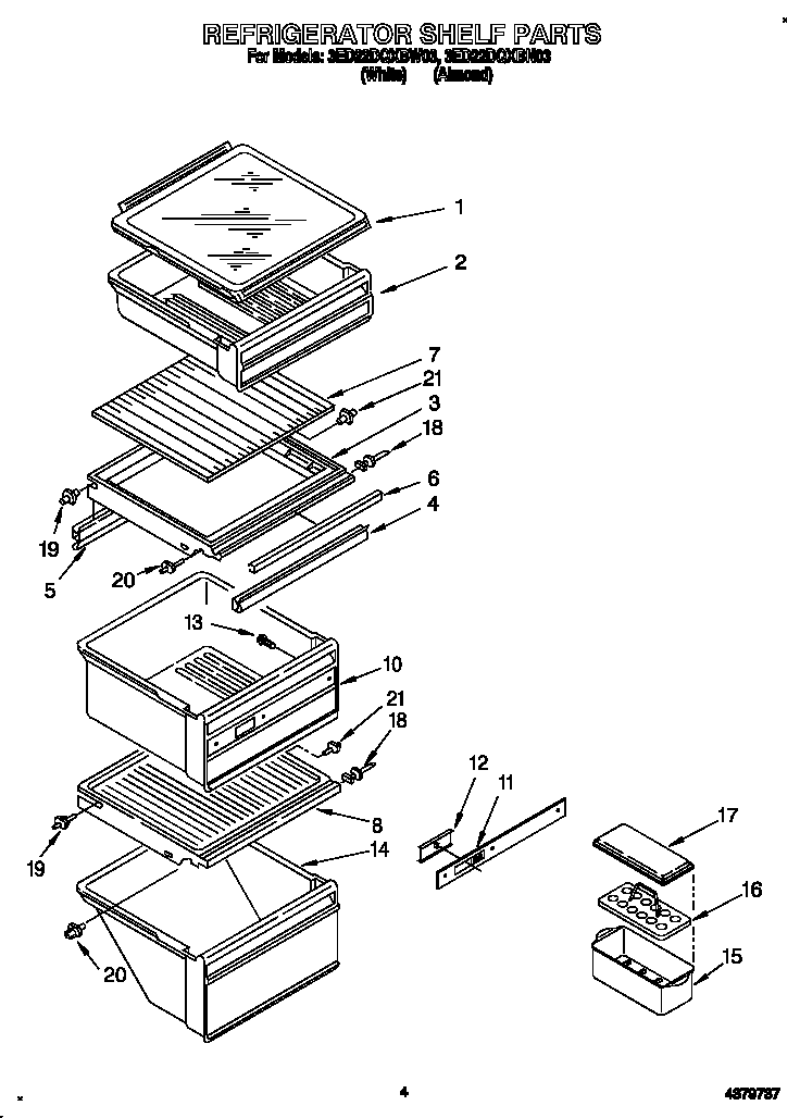 Whirlpool 3ED22DQXBW03 refrigerator shelf diagram