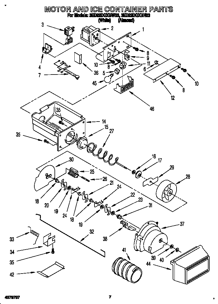 Whirlpool 3ED22DQXBW03 motor and ice container diagram