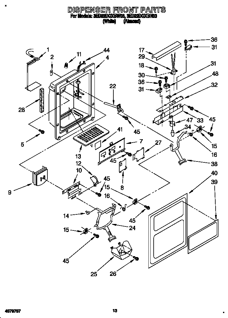 Whirlpool 3ED22DQXBW03 dispenser front diagram