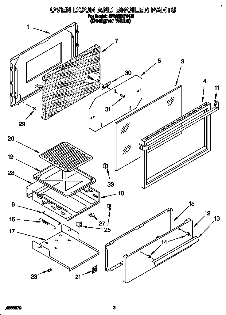 Whirlpool SF305BEWQ0 oven door and broiler diagram