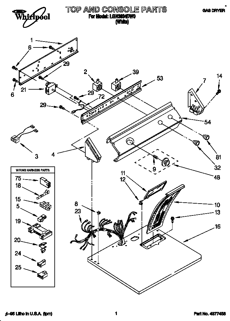 Whirlpool LGN3634DW0 top and console diagram