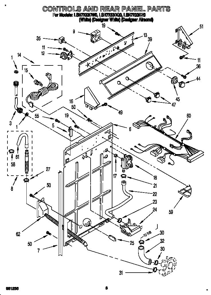 Whirlpool LSR7233DZ0 controls and rear panel diagram