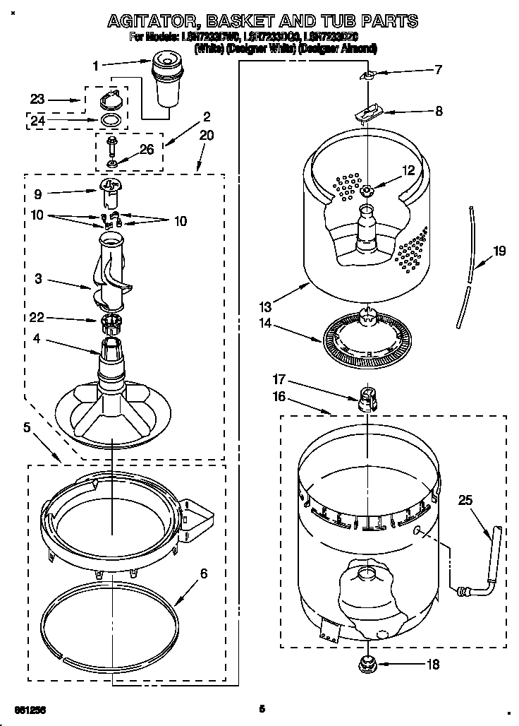 Whirlpool LSR7233DZ0 agitator, basket and tub diagram