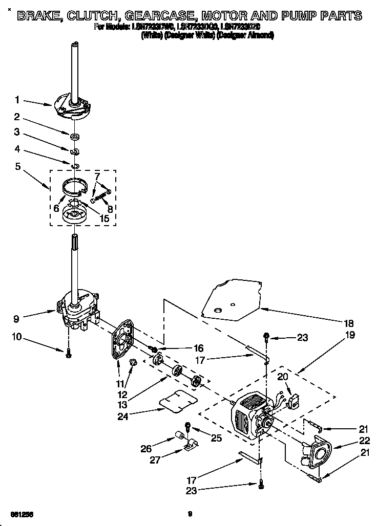 Whirlpool LSR7233DZ0 brake, clutch, gearcase, motor and pump diagram