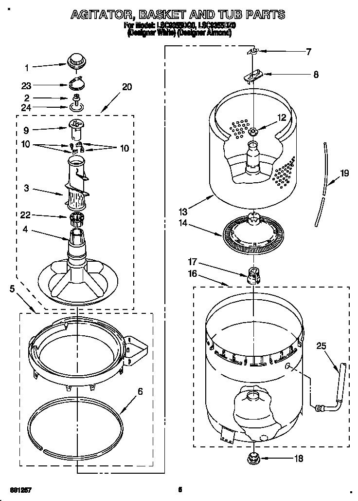 Whirlpool LSC9355DZ0 agitator, basket and tub diagram