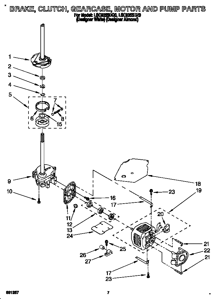 Whirlpool LSC9355DZ0 brake, clutch, gearcase, motor and pump diagram
