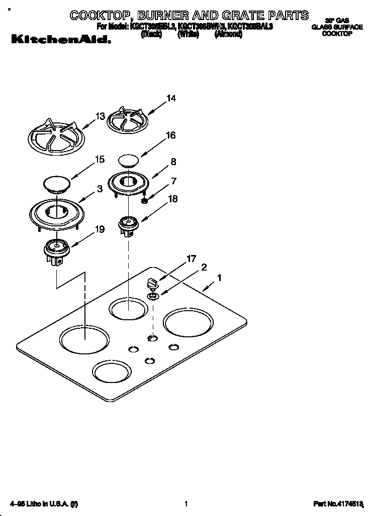 KitchenAid KGCT305BBL3 cooktop, burner and grate diagram