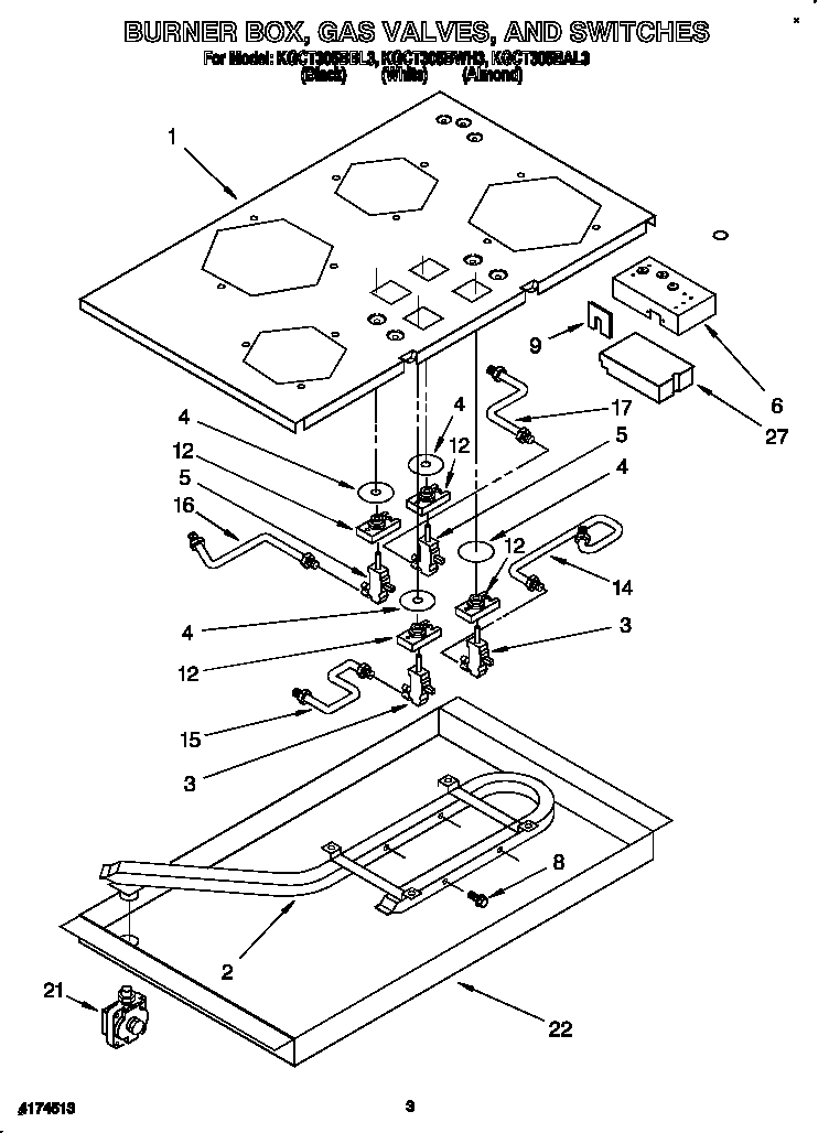 KitchenAid KGCT305BBL3 burner box, gas valves, and switches diagram