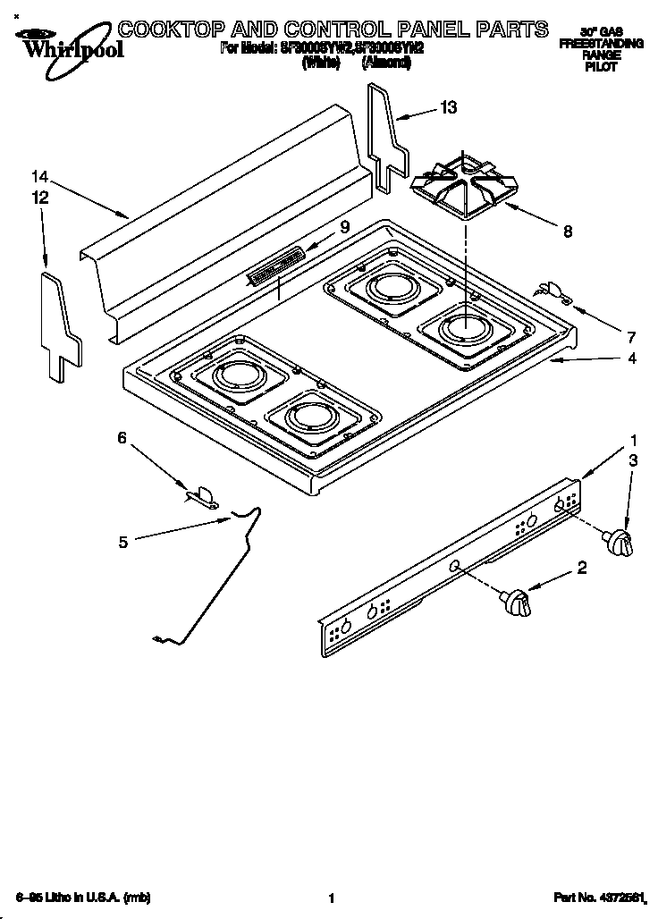 Whirlpool SF3000SYN2 cooktop and control panel diagram