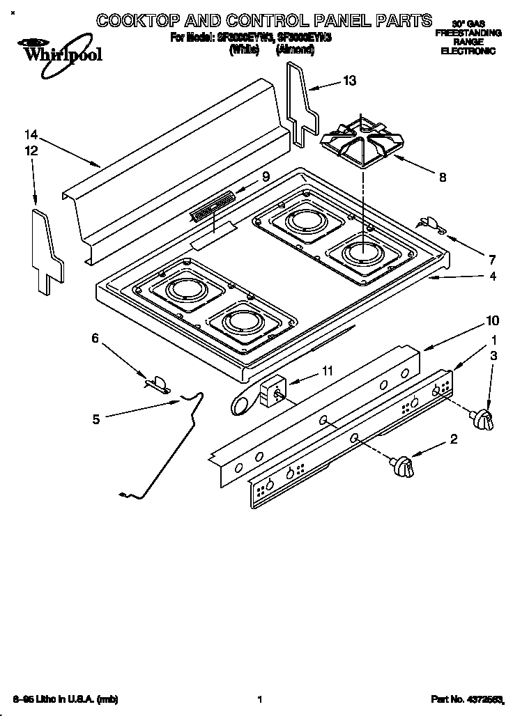 Whirlpool SF3000EYW3 cooktop and control panel diagram