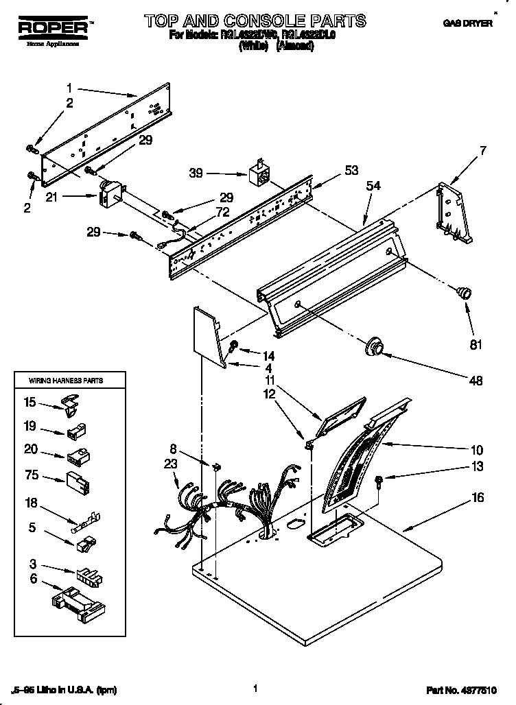 Roper RGL4622DL0 top and console diagram
