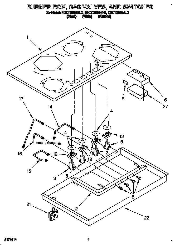 KitchenAid KGCT365BBL3 burner box, gas valves, and switches diagram
