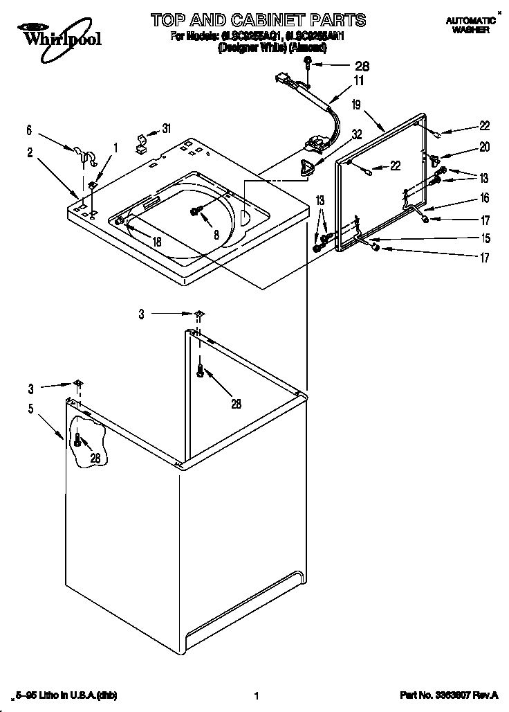 Whirlpool 6LSC9255AQ1 top and cabinet diagram