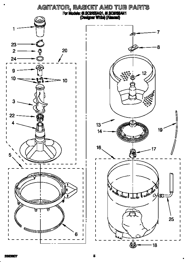 Whirlpool 6LSC9255AQ1 agitator, basket and tub diagram