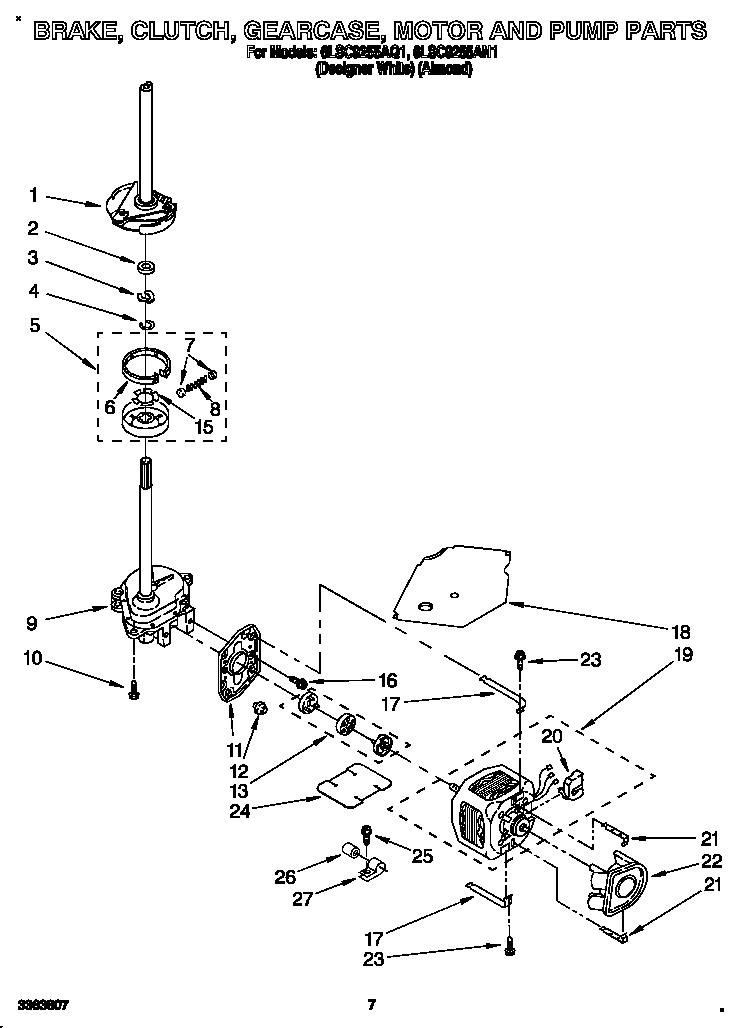 Whirlpool 6LSC9255AQ1 brake, clutch, gearcase, motor and pump diagram