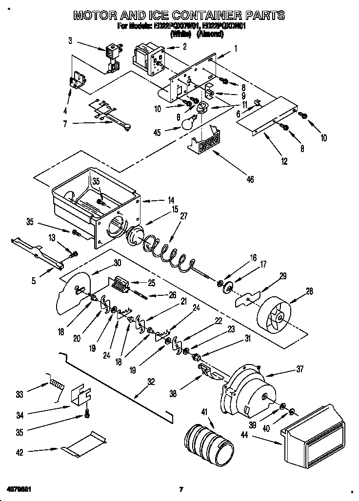 Whirlpool ED22PQXDN01 motor and ice container diagram