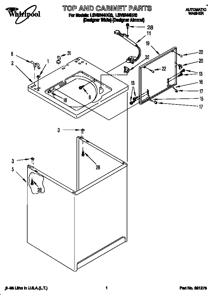 Whirlpool LSV8244DQ0 top and cabinet diagram