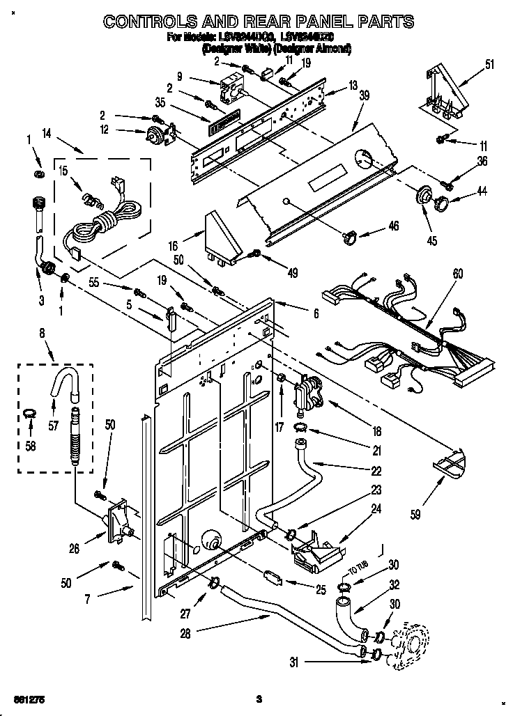 Whirlpool LSV8244DQ0 controls and rear panel diagram
