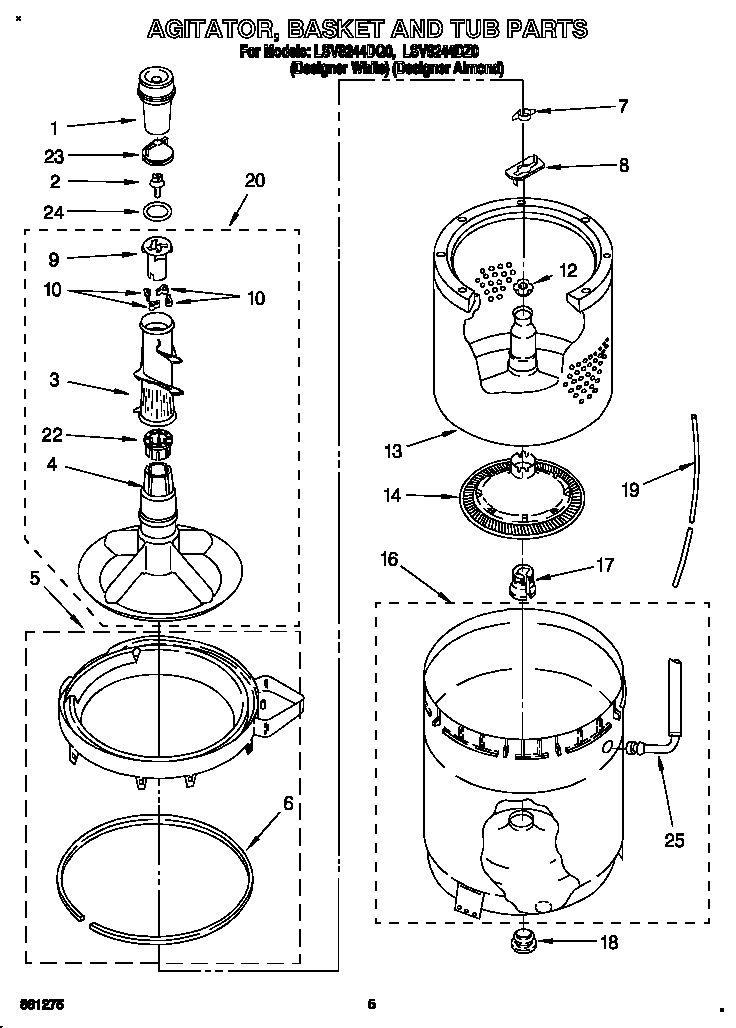 Whirlpool LSV8244DQ0 agitator, basket and tub diagram