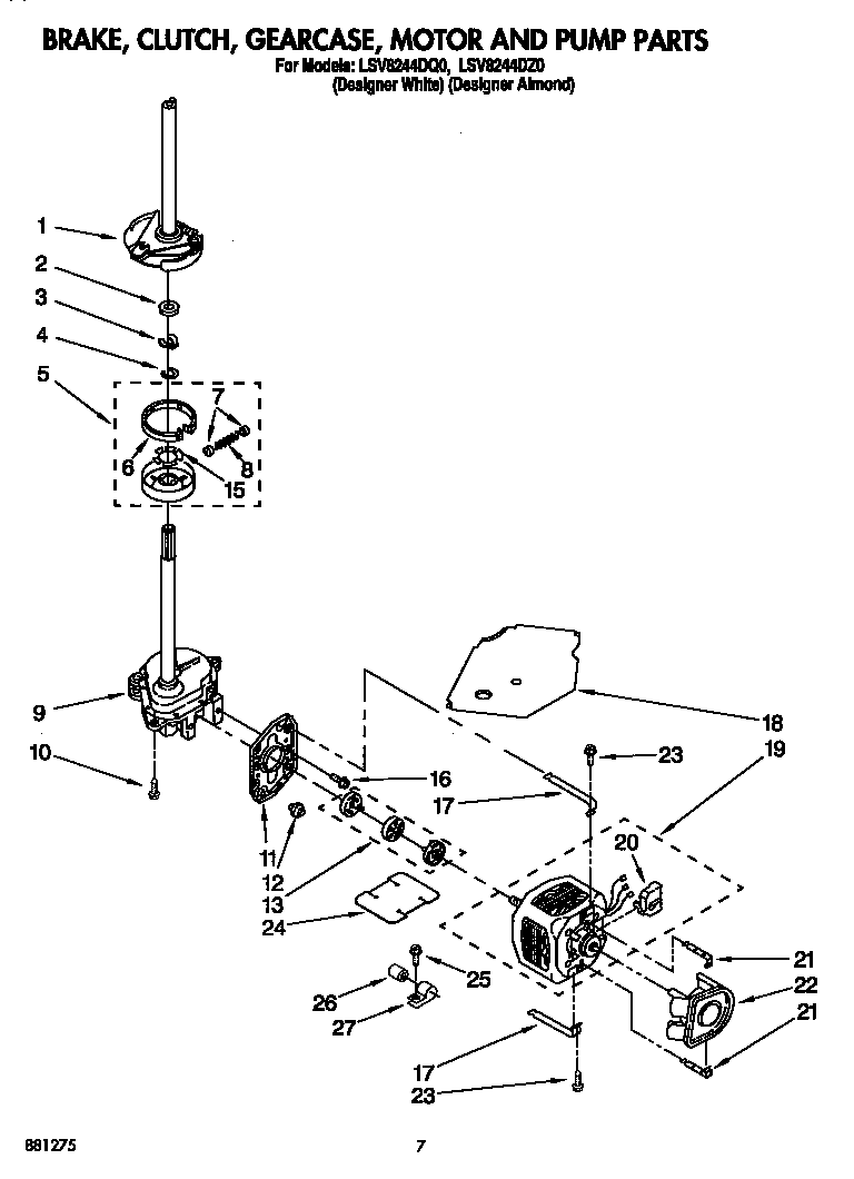 Whirlpool LSV8244DQ0 brake, clutch, gearcase, motor and pump diagram